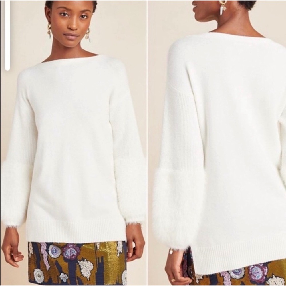 Anthropologie Colma Tunic Eyelash Cuff Balloon Sleeve Size XS Ivory Sweater